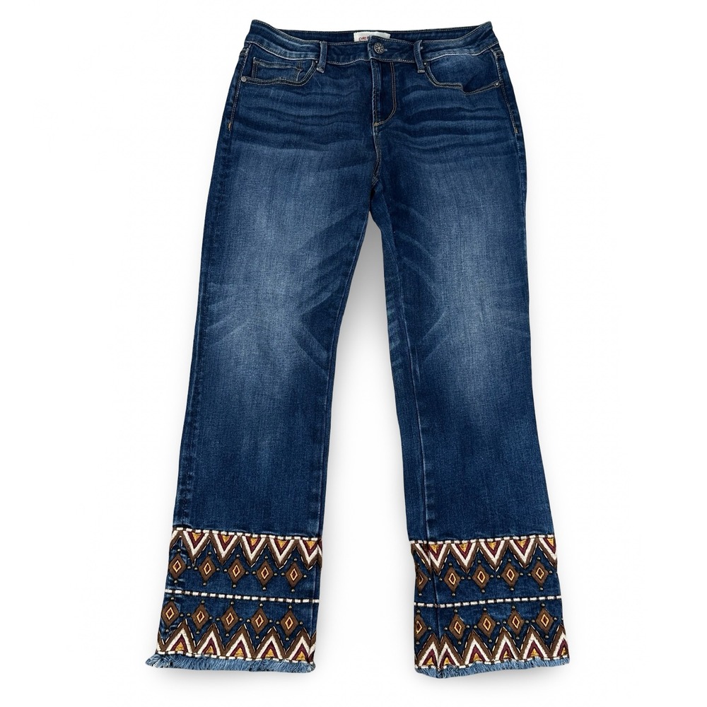 Driftwood Colette Embroidered Hem Jeans Blue Straight Leg Studded Size 28 x 26